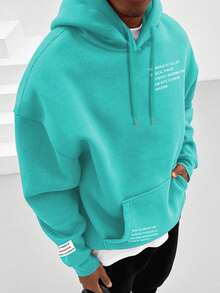 Manfinity Homme 男士标语印花袋鼠口袋落肩连帽衫，秋季款，长袖上衣 - 薄荷藍 - 查看 1