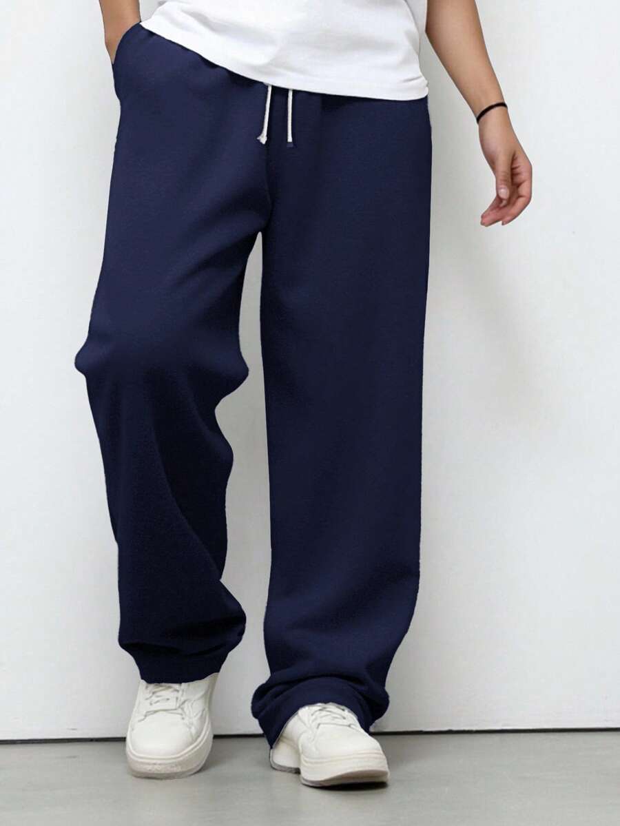 Teens/Boys' Casual Everyday Commute Sports Minimalist Solid Color Drawstring Waist Slant Pocket Loose Straight Sweatpants - Navy Blue - View 1
