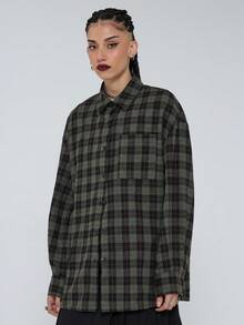 COUREZ Long Sleeve Cinched Shirt In Grid Check /Spring Outfits For Women Spring Tops Y2K Black Tops Spring Outfits Elegant Cozy - Army Green - View 6