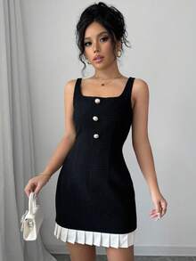 Selianne 女式黑白拼接宽肩带前扣休闲连衣裙 - 彩色 - 查看 4