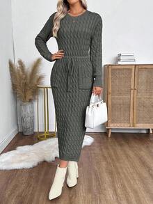 EMERY ROSE Váy dệt kim ôm dáng cổ tròn tay dài, eo rút dây, hai túi cho nữ, mùa thu/đông - Xám - Xem 6