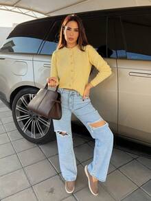 Women's Pocket Distressed Wide Leg Loose Casual Versatile Denim Jeans - Blue - View 1