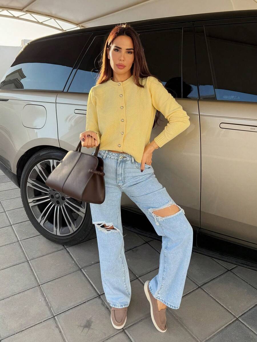Women's Pocket Distressed Wide Leg Loose Casual Versatile Denim Jeans - Blue - View 1