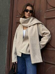 SHEIN LUNE 女士休闲围巾和长袖大衣 - 卡其色 - 查看 5