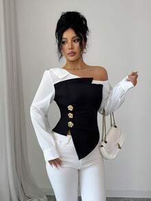 Elenzga 女士优雅时尚通勤休闲舒适迷人复古浪漫假日温柔职场不对称撞色肩部褶皱金属玫瑰花纽扣装饰设计衬衫 - 黑與白 - 查看 7