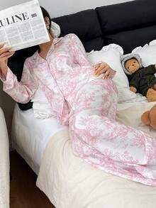 Women's Bubble Wrinkle Print Cardigan Collar Pajama Set Pink Pajamas Set Soft Pajamas Set Long Sleeve Top & Pants Pajama Set Sleepwear Women Pajamas With Print, Fall & Winter Clothes Pajamas Women - Baby Pink - View 6