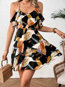 SHEIN VCAY Summer Casual & Vacation Floral Print Ruffle Hem & Trimmed Spaghetti Strap Dress - Yellow - View 5