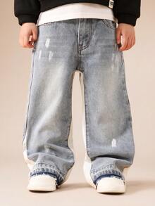 SUMWON Boys Distressed Wide Leg Jeans With Raw Hem Detail And Side Stripe For Casual And Vacation - Light Wash - View 4