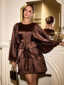 EMERY ROSE Women's Autumn/Winter New Lantern Sleeve Solid Coffee Brown Loose Round Neck Versatile Button Layered Ruffle Hem Long Sleeve Flowy Mini Dress - Coffee Brown - View 3