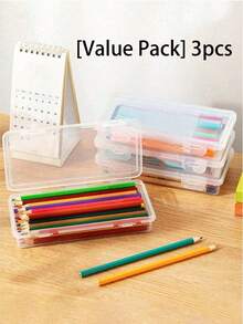 2pcs Large Transparent PP Storage Boxes With Lids, Lightweight Unfinished Surface For Office/School Supplies, Pens, Pencils, Markers, Crafts, Desk Storage, Makeup, Jewelry, Suitable For Girls, Minimalist Style, Portable, Random Color(Only The Box, Without The Pencil.) - Clear - View 10