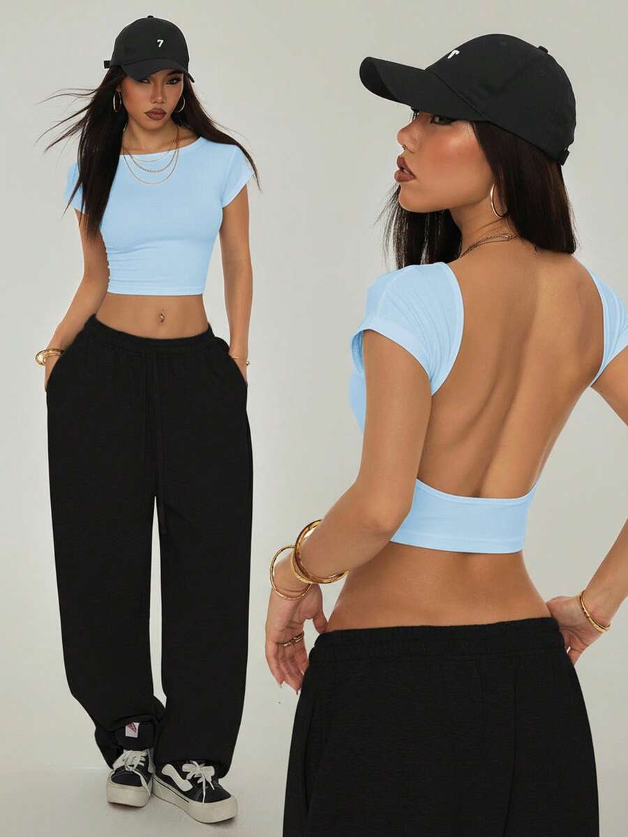 SHEIN PETITE Petite Black Backless T-Shirt, Suitable For Summer - Blue - View 1