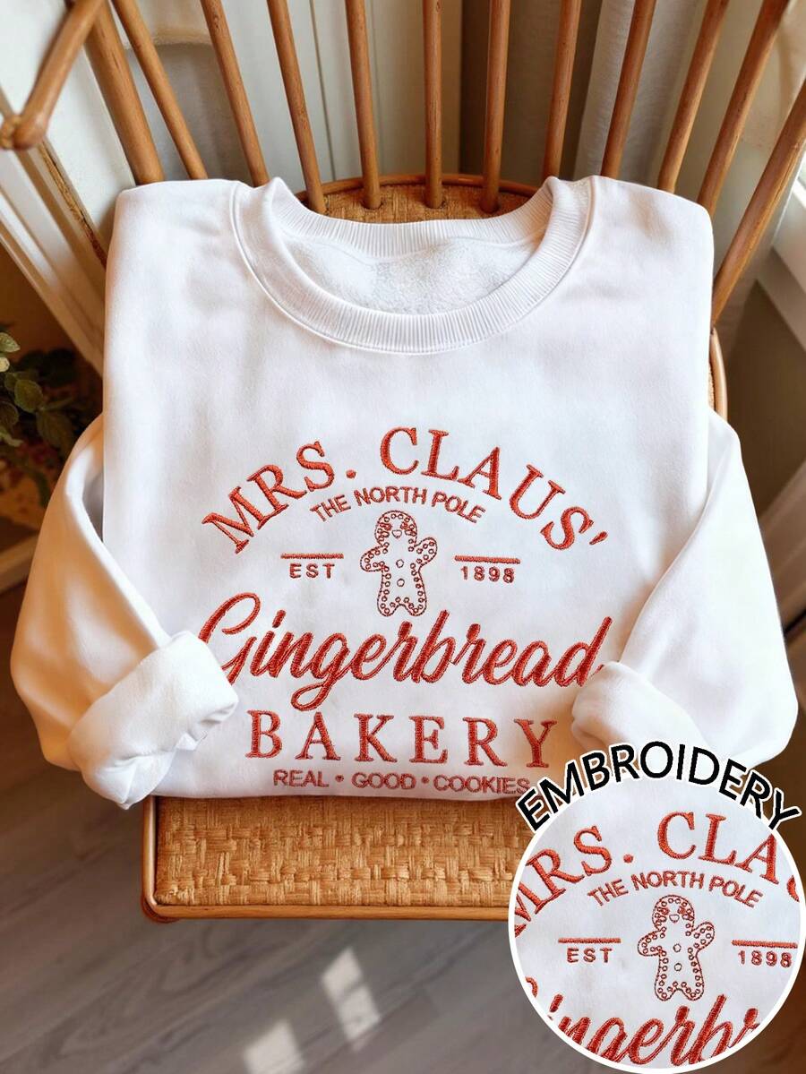 INAWLY Women's Christmas Gingerbread Man Embroidered Graphic Crew Neck Sweatshirt - White - View 1