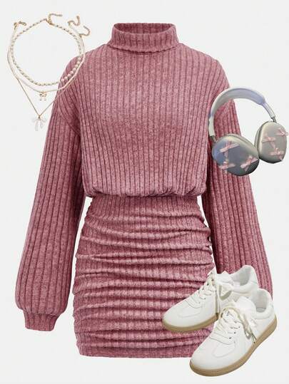 SHEIN Girlism 少女粉色罗纹高领宽松腰部修身臀部褶皱修身休闲优雅复古百搭长袖迷你连衣裙