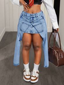 BamGleam Chân váy mini denim thường ngày dành cho nữ - Màu xanh lam - Xem 6