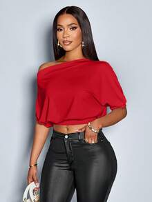 SOLERSUN Camiseta de mujer con cuello asimétrico y hombros fruncidos - Rojo - Ver 5