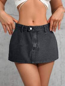 SHEIN ICON Váy mini denim nữ cỡ lớn, trang phục cao bồi cho mùa hè - Màu xám đen - Xem 6