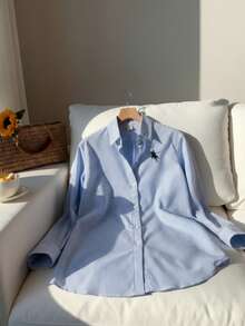 1pc Girls' Turndown Collar Long Sleeve Button-Up Striped Shirt With Embroidered Front Graphic, Casual Blouse For Autumn Fall Winter