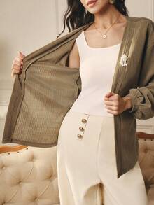 Omancia Chaqueta/abrigo de mujer de pana con textura, elegante y de moda, de punto, para otoño/invierno - Caqui - Ver 7