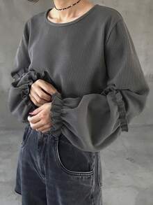 FRIFUL 女士纯色圆领长袖罗纹宽松休闲T恤 - 灰色 - 查看 3