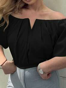 Jeta Ari Women Solid Color Off Shoulder V-Neck Cinching Waist Blouse,Short Sleeve Tops - Black - View 3