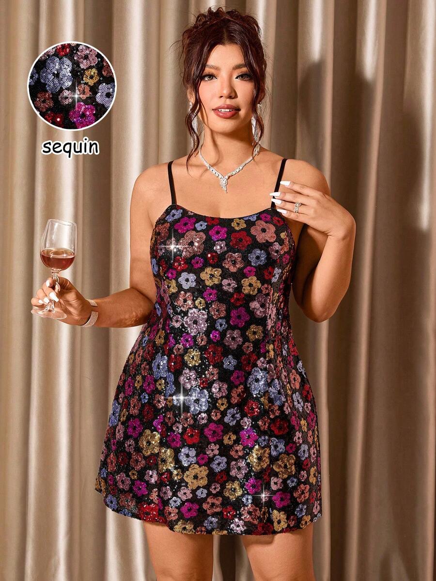 Cravure 女式加大码修身花卉亮片短款露肩优雅派对连衣裙俱乐部露肩紧身连衣裙 - 彩色 - 查看 1