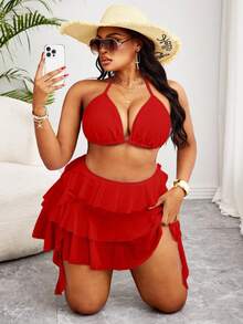 Slaydiva 大码女式海滩度假纯色吊带上衣搭配多层荷叶边裤两件套泳衣 - 紅色 - 查看 6