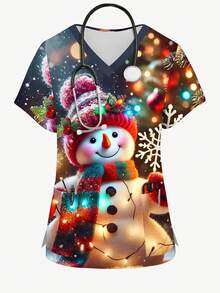 PopScrub Plus Size Women Cute Snowman Graphic V-Neck Short Sleeve Blouse, Suitable For /Nursing Uniforms - متعدد الألوان - مشاهدة 6