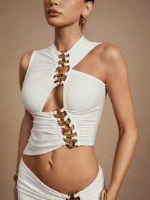 Hauture 女式深棕色闪耀镂空链条细节深棕色超长美人鱼裙 - 白色 - 查看 1