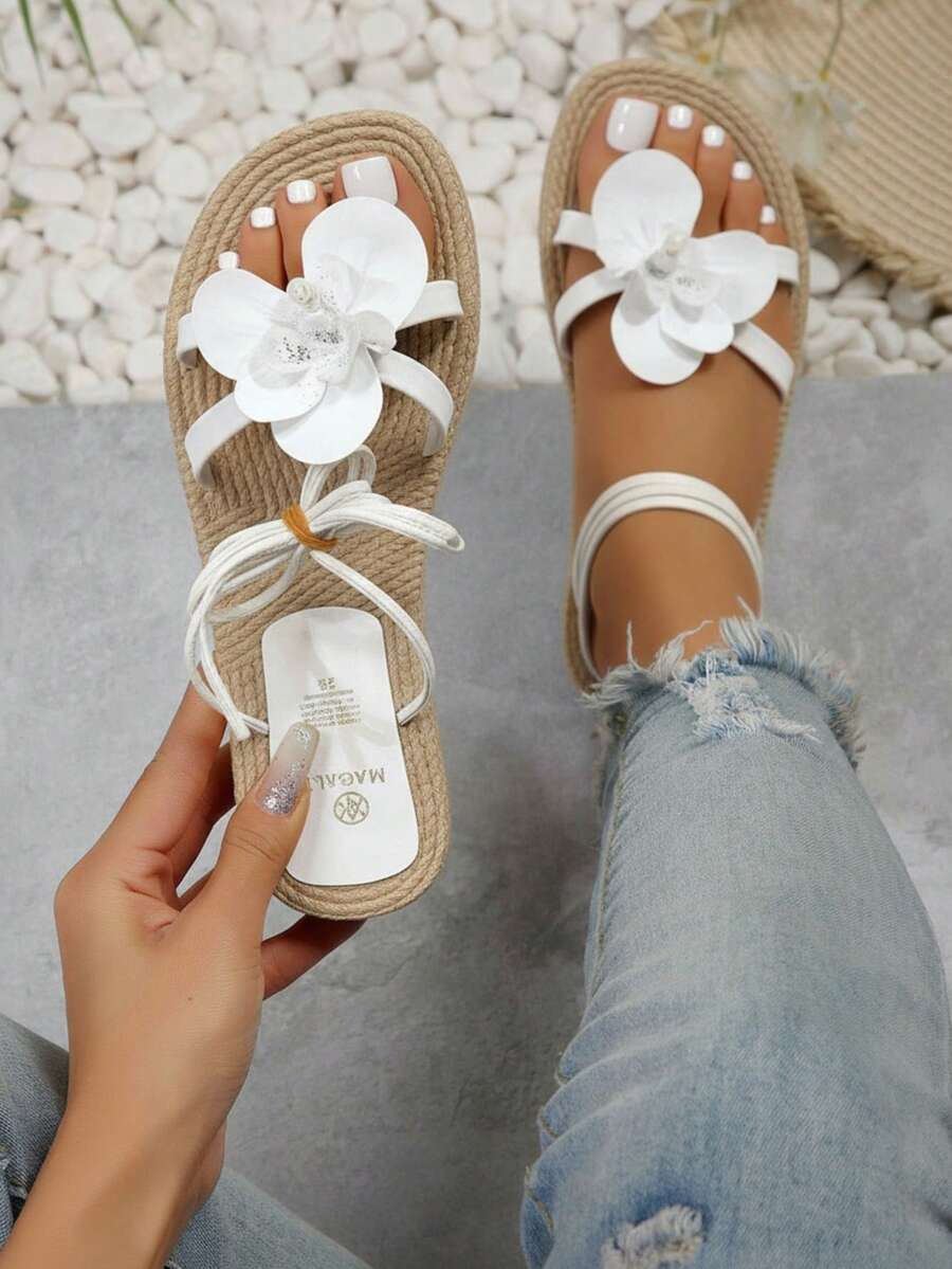 Mujer Sandalia Playa Decorada con Flor Grande Punta Abierta Sin Cordones Suela de Yute Estilo Bohemio para Verano y Vacaciones Sandalias - Blanco - Ver 1