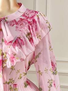 Rometta Váy maxi dài tay xếp ly họa tiết hoa lãng mạn cỡ lớn cho nữ có nơ thắt eo - Hồng - Xem 4