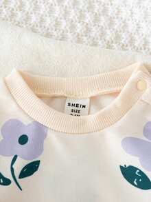 SHEIN 女婴秋季新款两件套，棕色碎花长袖圆领按扣上衣，休闲宽松长裤，复古时尚舒适百搭套装 - 紫色 - 查看 4