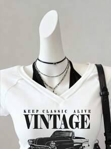 Attitoon Áo thun nữ tay ngắn cổ chữ V buộc dây phối màu tương phản, kiểu dáng retro, họa tiết xe hơi, thích hợp cho mùa hè. - trắng - Xem 4