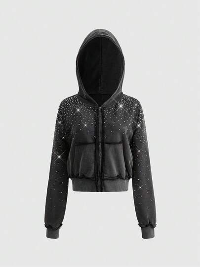 Grunge Punk Y2K Rhinestone Washed Distressed Crop Hoodie