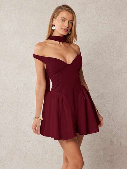 L'Amorae Women OFF SHOULDER CONTRAST FIT AND FLARE MINI DRESS WITH SCARF