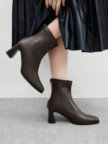 CUCCOO BIZCHIC Women's Fashion Square Toe Chunky Heel Zipper Back Soft Leather Ankle Boots, Comfortable For Daily Commute And Shopping - Coffee Brown - View 3