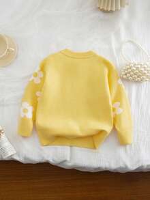SHEIN Vintaside Kids 少女花卉图案圆领长袖休闲毛衣，秋冬 - 黃色 - 查看 2