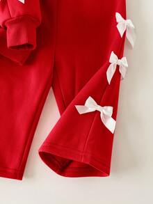SHEIN 2pcs Baby Girl Cute Casual Knit Red Bow Long Sleeve Sweatshirt And Pants Set Red Two Piece Outfit Toddler Baby Girl Christmas Casual Pant Sets Cherry Baby Outfit Baby Girl Long Sleeve Christmas Outfit Red Baby Outfit - Red - View 6
