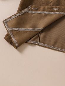 Teen Girl Butterfly Decor Contrast Color Long Sleeve T-Shirt And Solid Color Mini Skirt Vintage Set - Brown - View 6