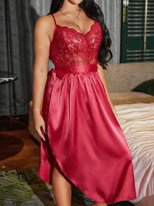 SilkySpell Elegant Sexy High Slit Tie Bow Charming Wine Red Long Dress, French Elegant Plus Size Nightgown Red Lingerie Dress Sexy Night Dress Curve Nightgown Spaghetti Strap Lace Nightgown Red Nightgown - Burgundy - View 6