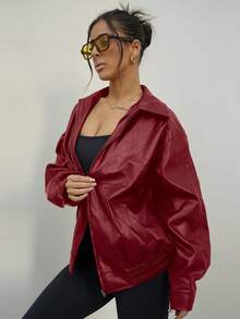 SAYEHFBABY Chaqueta negra de PU con cremallera y hombros caídos para otoño/invierno - Rojo - Ver 4