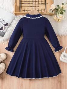 Elladie kids Young Girl's Casual Collegiate French Chic Peter Pan Collar High-End Dress, Suitable For Spring And Autumn