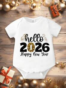 SHEIN Playful Pals 2025新年快乐！男婴休闲时尚创意个性化清新简约可爱闪光数字2023烟花丝带图案字母标语印花舒适连体衣，营造新年氛围 - 白色 - 查看 3