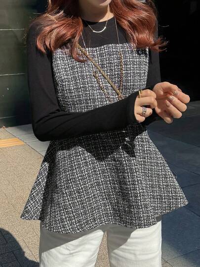 FRIFUL 女士圆领修身拼接荷叶边下摆撞色T恤