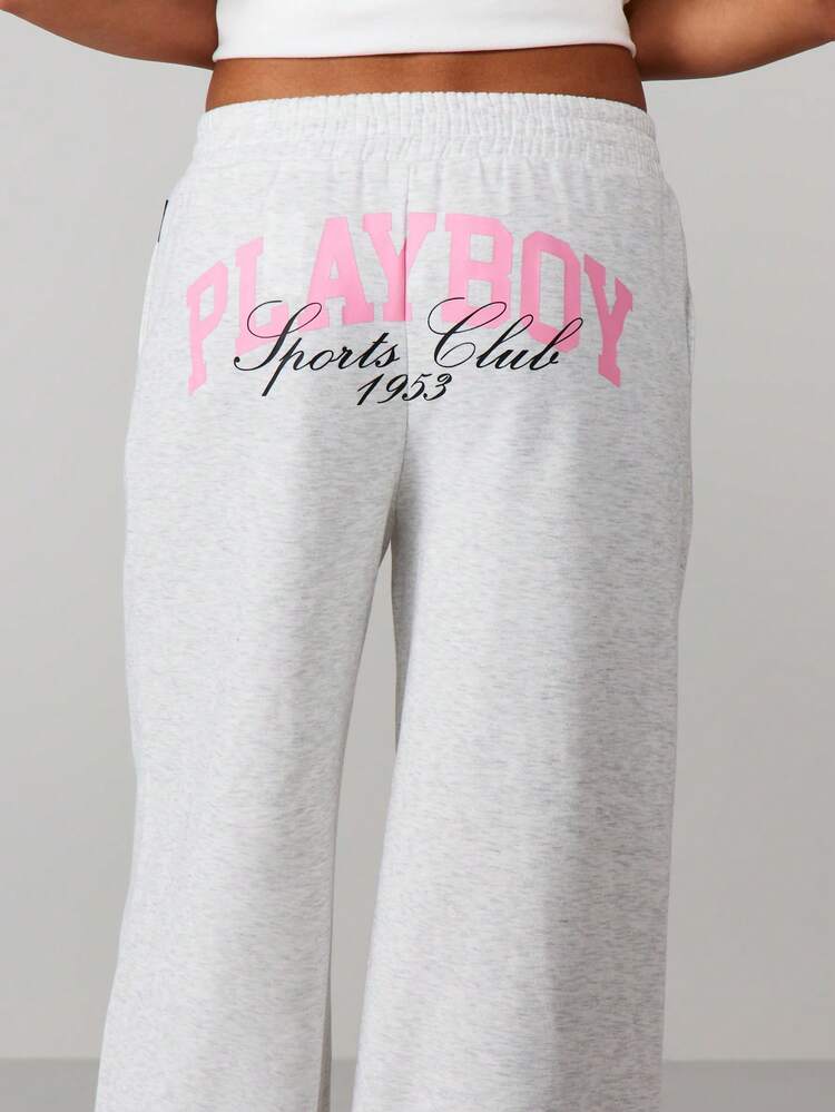 Missguided x Playboy Wide Leg Jogger Sweatpants With Sports Club Print And Drawstring Waistband For Casual Loungewear