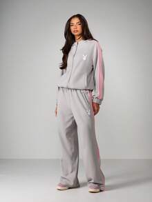Missguided x Playboy 女士宽松阔腿运动裤，休闲舒适，侧边条纹设计，弹性腰带 - 灰色 - 查看 3