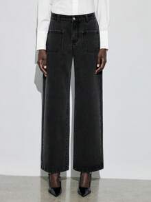 Maija Quần jeans ống rộng dáng rộng có túi thời trang thu đông dành cho nữ, quần ống rộng đi làm thường ngày, màu đen - màu đen - Xem 4