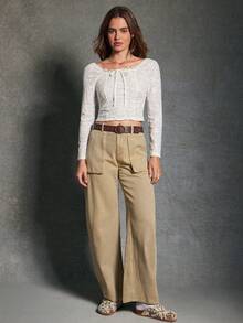 WESTFADE Floral Jacquard Knit Scoop Neck Bow Tie Front Shirred Fitted Long Sleeve Top Fall, Autumn, Winter, Casual, Boho, Holiday, Thanksgiving, New Year, Christmas, Western Wear - Multicolor - View 5