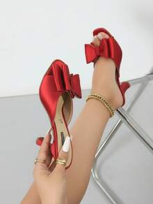 Zapatos de mujer estampado elegante punta cuadrada moño tacón medio estilo sofisticado para oficina y reuniones color durazno - Rojo - Ver 1