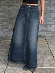 DAZY 女士休闲豹纹牛仔迷你裙，秋季款 - 深色水洗藍 - 查看 3