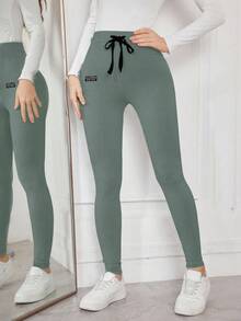 Modelyn 女士字母印花抽绳紧身打底裤，舒适有弹性 - 薄荷藍 - 查看 7